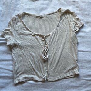 Urban Outfitters Cream Ribbed Tie-Front Crop Blouse